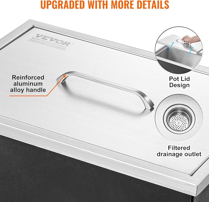 VEVOR Drop in Ice Chest, 20" L x 14" W x 12" H Stainless Steel Ice Cooler, Commercial Ice Bin with Cover, 40 qt Outdoor Kitchen Ice Bar, Drain-Pipe and Drain Plug Included, for Cold Wine Beer