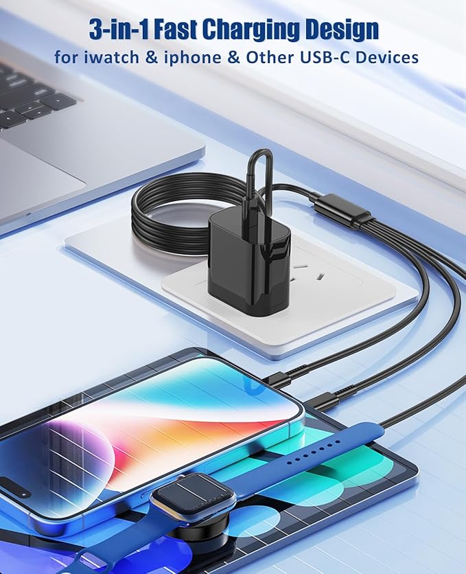 for Apple Watch Charger Fast Charging,3 in 1 Multi Chargers Cable with 20W USB C Charger, iWatch Charger Cord 6FT for iWatch Series Ultra2/SE/10/9/8/7/6/5/4/3/iPhone 15 16 Pro Max/14/13/12/11(Black)