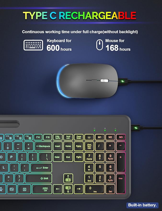 Wireless Keyboard and Mouse, 15 Backlit Effects, Slim Rechargeable Keyboard & Mouse Combo with Phone Holder, Light Up Keys, Lag-Free USB-A & C Cordless Set for PC, Laptop, Windows- by SABLUTE