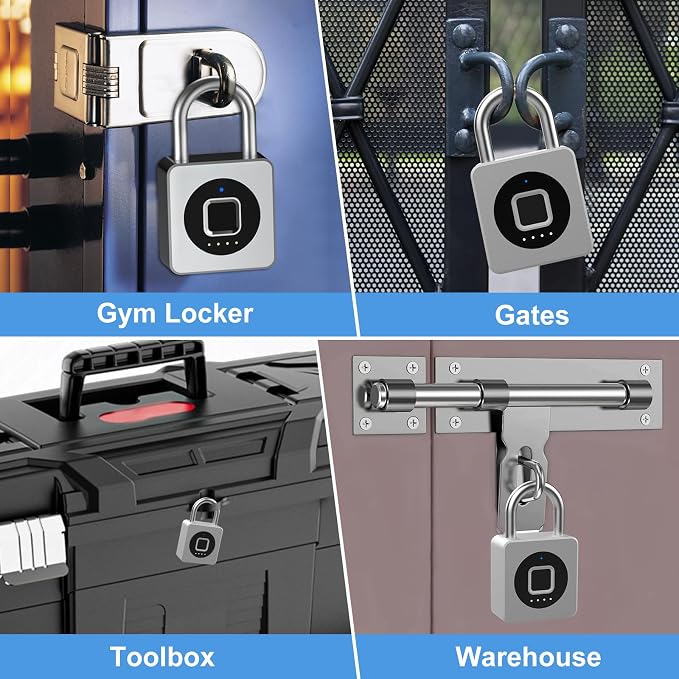 eLinkSmart Gym Locker Padlock - Fingerprint Mobile APP Unlock Remote Unlock: Waterproof Keyless Biometric Padlock for Gym Locker Field Box Footlocker Tool Box Gun Case Type-C Silver