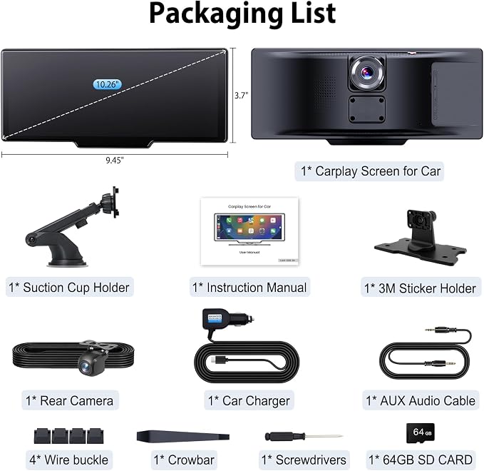 10.26" Portable Wireless CarPlay Screen for Car with 4K Dash Cam, 1080P Backup Camera and 64GB SD Card, Apple Carplay & Android Auto Touch Screen with GPS, Airplay, Mirror Link (ADAS)
