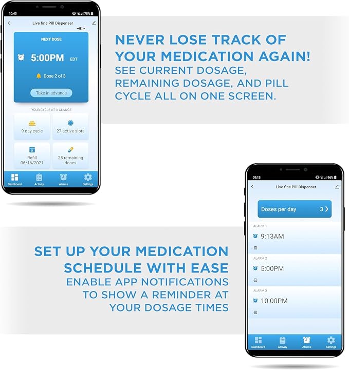 LiveFine WiFi Automatic Pill Dispenser and Remote Medication Monitoring System with Locking Key, 28-Day Medication Organizer Up To 9 Doses Per, Adjustable Light/Sound Alarms For Prescriptions & Vitami