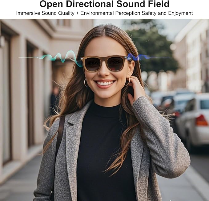 Smart Glasses for Men Women, Open-Ear Audio Bluetooth Glasses, Auto On/Off Sensor, Built-in Mic & Speakers, Voice Assistant, UV Protection Polarized Smart Sunglasses for Outdoor - Brown
