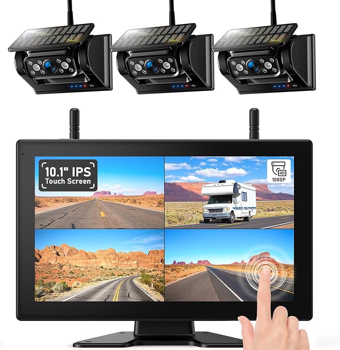 ZEROXCLUB 3 Magnetic Solar Wireless Backup Camera HD1080P Loop Recording 10.1 Inch Touchscreen Monitor, Quad RV Rearview Backup Cameras Wireless System for RV Trailer Tractor Truck, BL103