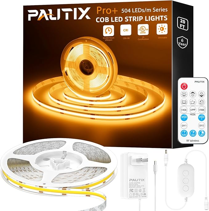 PAUTIX COB LED Strip Light,Amber LED Strip Lights 2000K,DC24V Dimmable 20ft/6.1m High Lumen Tape Light Kit for Cabinet,Painting,Bedroom,Kitchen,with RF Remote Timer Function