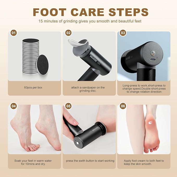 Premium Electric Foot Callus Remover, Ergonomic T-Grip 2600mAh Rechargeable 3 Speeds All Metal Foot File for Dead Skin Cracked Heels Pedicure Tool at Home with 60pcs Replacement Pads (Black)