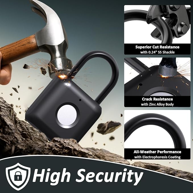 Pothunder Fingerprint Padlock, Smart Padlock, Locker Lock, Combination Lock, Fingerprint Lock with APP Unlock, USB Rechargeable, Suitable for Gym Locker, Door, Locker(Black)