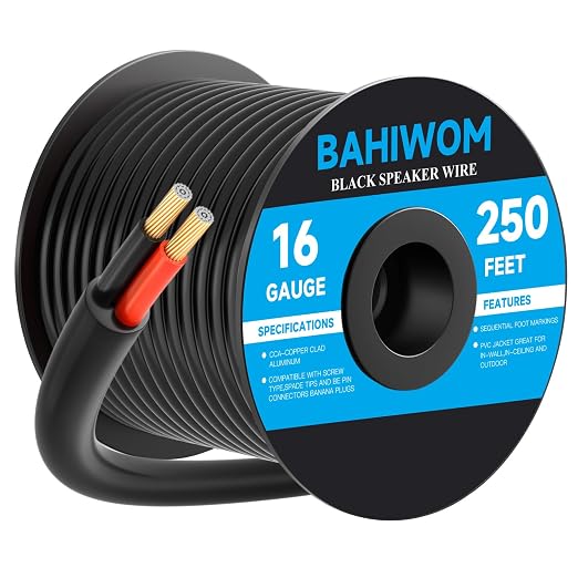 16 Gauge Speaker Wire 250 Feet CL3 Related CCA Black Cable with 2 Conductors for Outdoor Direct Burial Backyard Garden Home Car in-Wall Speaker