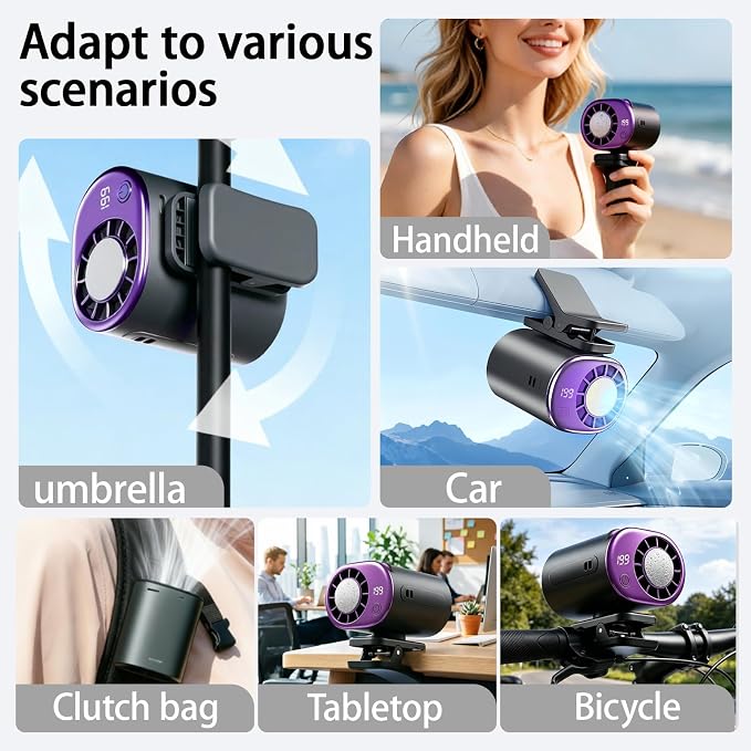 2026 Car Clip on Fan Air Conditioner Fan with Led Display - 360°Rotation, 199 Speeds Adjustable USB Rechargeable Portable Personal Cooling Fan For Car 16℃ Semi-Cooling Wide Clamp