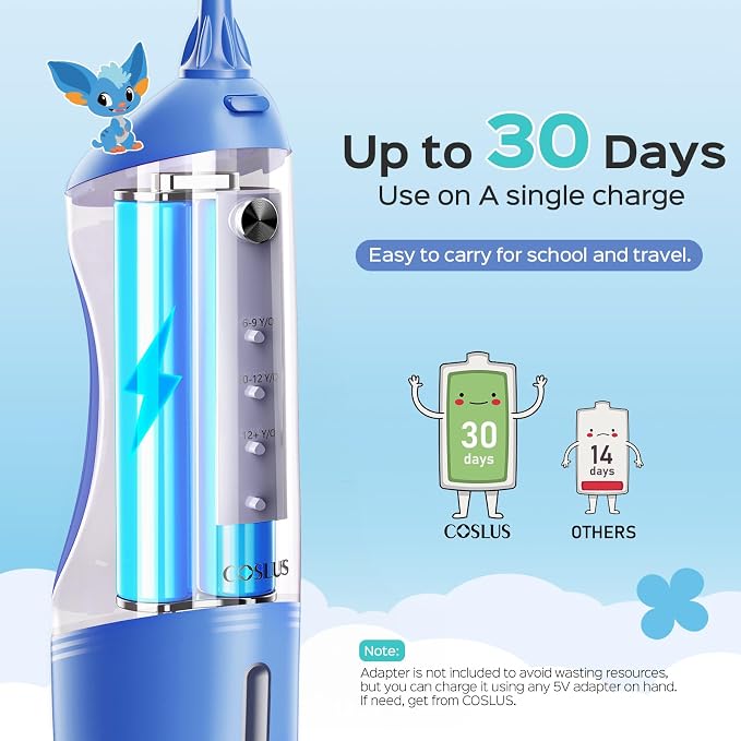 COSLUS C31 Cordless Water Flosser for Kids, Cute Water Dental Pick for Teeth, Braces, Gums Care - 4 Modes for Users Ages 6+, Safe & Gentle, Rechargeable, Waterproof, Portable for Travel, Blue White