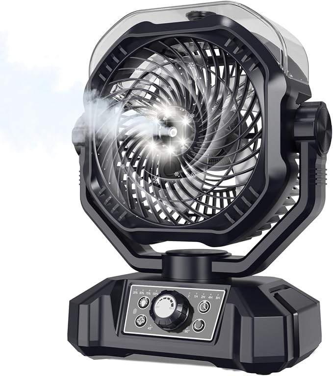 Portable Rechargeable Misting Fan with 12oz Water Tank, Auto Oscillating, Remote, Timer, Light, 8 Speeds, 9-Inch, 20000mAh 120H Battery Powered Mist Fan for Camping, Travel, Worksite, Poweroutage