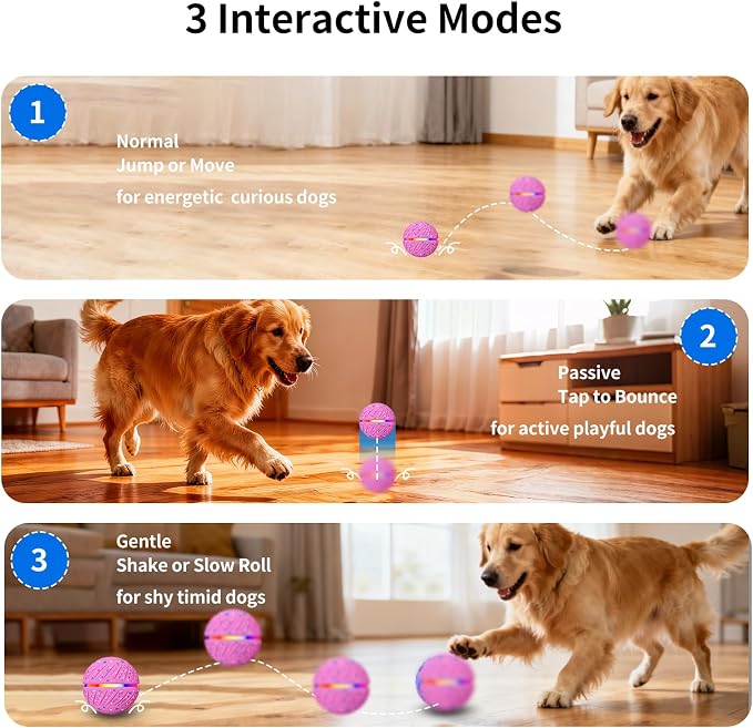 Interactive Automatic Dog Ball, Self-Moving Rolling Toy for Dogs, Chew Resistant E-TPU Material, IPX7 Waterproof, USB-C Rechargeable, Smart Vibration Sensor, Indoor & Outdoor (Pink)