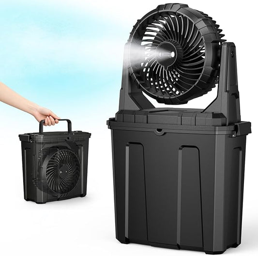 Ausic 1.35 Gal Portable Misting Fan, Outdoor Fans for Patios, [Max 30H] Rechargeable Battery Operated Fan, Bucket Mister Water Cooling Fan for Camping/Travel/Beach, 2 Large Spray Outlets