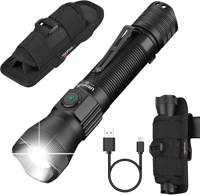 ULTRAFIRE Tactical Flashlight with Holster, 1350 High Lumens Law Enforcement & Police Flashlight, Rechargeable Bright Zoomable LED Flash Light with Duty Belt Holster E5