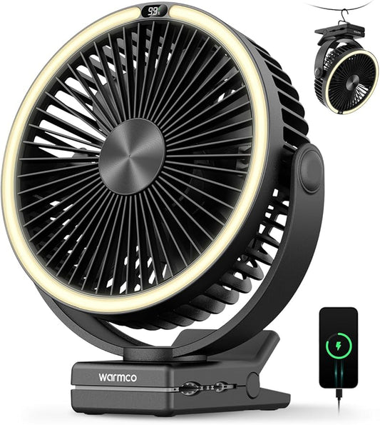 Warmco 15000mAh Portable Clip on Fan Rechargeable, 8 Inch Battery Powered Desk Fan, LED Lantern & Hook, 360° Rotate & 4 Speeds Strong Airflow for Camping Tent Office Outdoor Travel Golf Cart