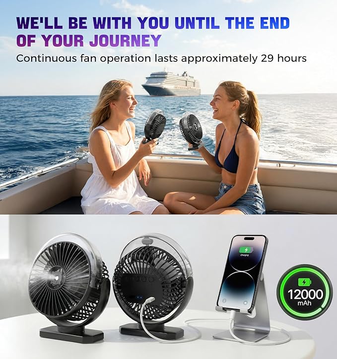 Magnetic Golf Cart Fan, Camping Fan with Misting & LED Light, Rechargeable Portable Fan with 12000mAh Battery and Strong Magnet Base, 3-Speeds Battery Operated Fan for Golf Cart, Cruise Ship, Tent