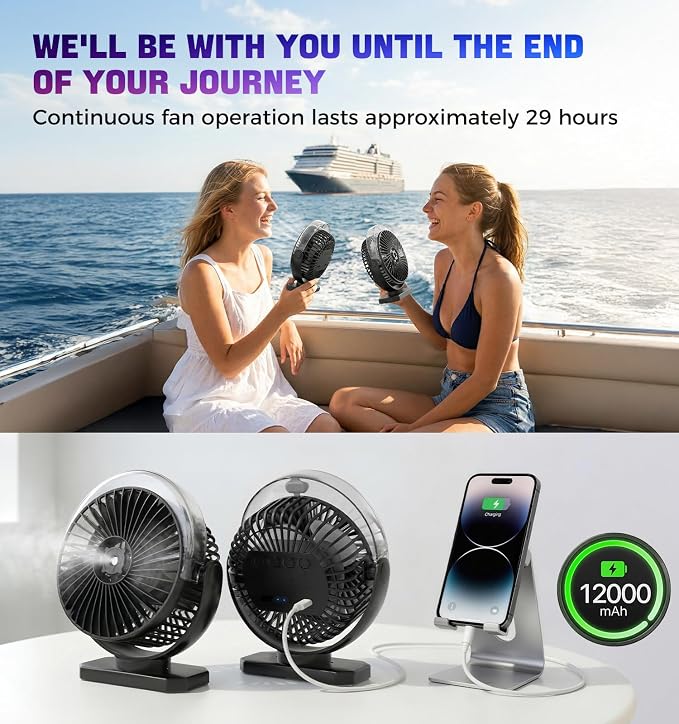 2-Pack Magnetic Fan for Cruise Ship Cabin, 12000mAh Rechargeable Portable Misting Travel Fan, 80kg Strong Magnet Base & Hook, LED Light, Power Output, Approved for Cruise Line & Golf Cart