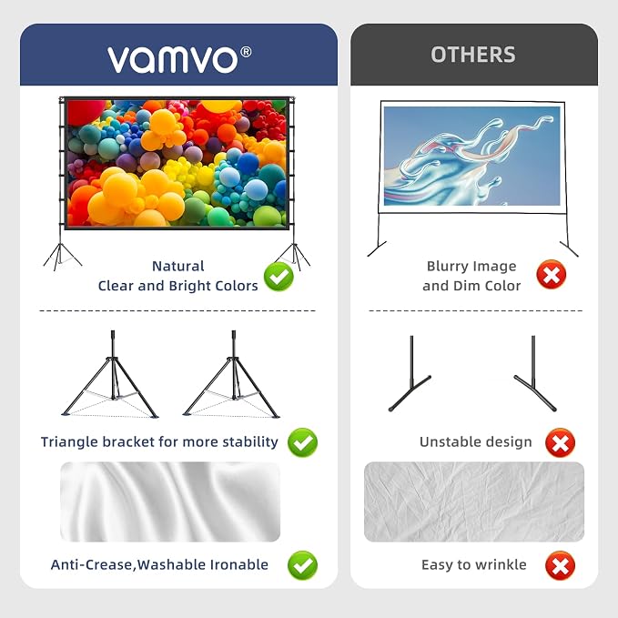 120 Inch Projector Screen with Stand, 16:9 4K HD Portable Projector Screen, Indoor Outdoor Front/Rear with Carry Bag for Home Theater Backyard Camping Movie Night