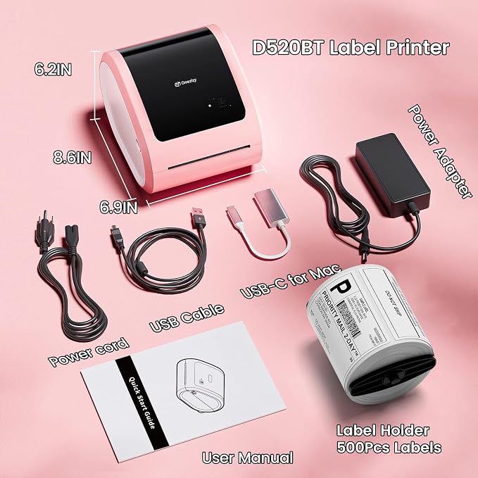 Bluetooth Shipping Label Printer with 1 Roll Labels - D520BT Pink Thermal Label Printer, Thermal Printers with Built-in Label Holder, Come with 500PCS 4x6‬ White Labels (500 Labels/Roll)
