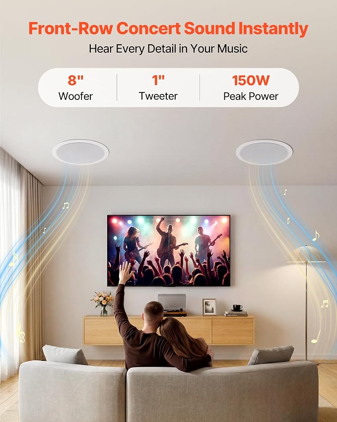 VEVOR in Ceiling Speakers, 8", in-Ceiling & in-Wall Speaker System, Hi-Fi Sound, 150W Peak, 2-Way Flush Mount Speakers, for Damp Humid Placement, Home Theater, Living Room, or Covered Patio, 1 Pair