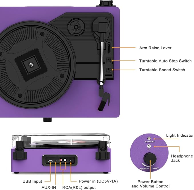 Vinyl Record Player with Built-in Speakers and USB,Belt-Driven Bluetooth Turntable with 3 Speed AUX Input Headphone Jack and RCA Output Vintage Wooden Purple