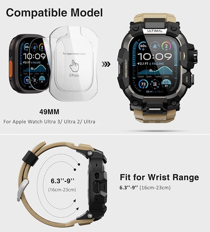 ULTIMAL Rugged Case with Band for Apple Watch 49mm,Compatible with Apple Watch Ultra 3/2/1, Military Grade Shockproof Bumper Cover for iWatch Tactical Band Men (49mm,Desert Yellow)