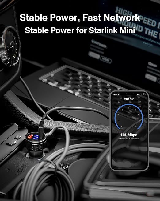 Car Charger Cable for Starlink Mini 10FT/3M with Display - 60W DC + 33W Dual USB-C/USB-A Power Adapter for Trucks, RVs & Boats, 12-24V Aluminum 18AWG Cord with Real-Time Voltage Monitoring