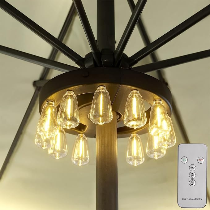Umbrella Lights, Patio Outdoor Umbrella Lights Battery Operated with Dimmable Timer,12 Warm White LED Bulbs in 3 Brightness Modes, for Backyard or Camping