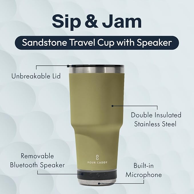 Vibe 28 oz Tumbler with Bluetooth Speaker, Insulated Stainless Steel Travel Cup with Lid, Hot & Cold Drink Beverage Container, Removable Speaker with Microphone, Rubber Base, Sandstone