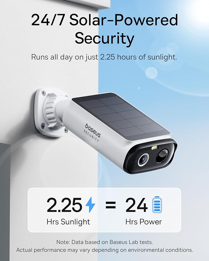 Baseus Solar Security Cameras Wireless Outdoor S1 Lite 4-Cam Kit, 2K Solocam, Continuous Power, Color Night Vision, AI Human Detection, IP67, No Monthly Fee, Compatible with Alexa & Google Home