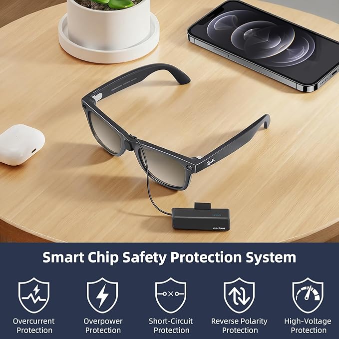On-the-Go Battery Pack for RayBan Meta Glasses, Ultra-Light Wearable Mini Power Bank for Wayfarer, Skyler, Portable Charger Accessory for Meta AI Glasses with USB-C, Fast Charging