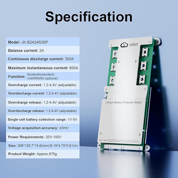 JKBMS Smart BMS 8S-24S 24V-72V 300A 2A Active Balance Built-in Bluetooth with RS485 PCB Battery Protection Board for Li-ion LiFePO4 LTO (JK-B2A24S30P)