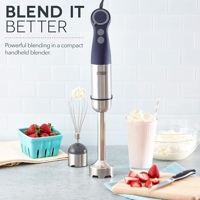 Dash Chef Series Immersion Hand Blender, 5 Speed, 330W Handheld Stick Blender with Whisk Attachment, Stainless Steel Blades for Soups, Sauces, Smoothies & Purées - Midnight