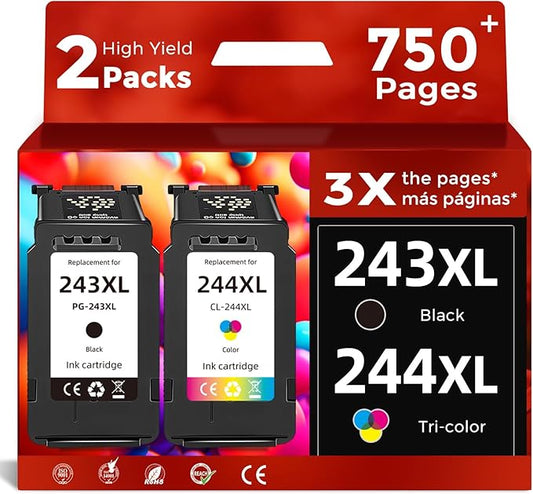 PG-243 CL-244 XL Ink Cartridge Replacement for Canon 243XL 244XL(Black Tri-Color Combo Pack) Work for Cannon MG2522 MX490 MG2922 TR4520 TR4522 MX492 TS3322 TS3122 TS202 MG2420 TS3020 iP2820
