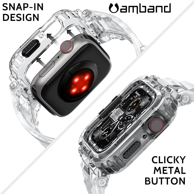 amBand Bands Compatible with Apple Watch 9/8/7 45mm, M1 Sport Series Rugged Case with TPU Strap Military Protective Tough Cover Bumper for iWatch SE3/SE2/SE/6/5/4 44mm Men Clear, Fathers Day Gift