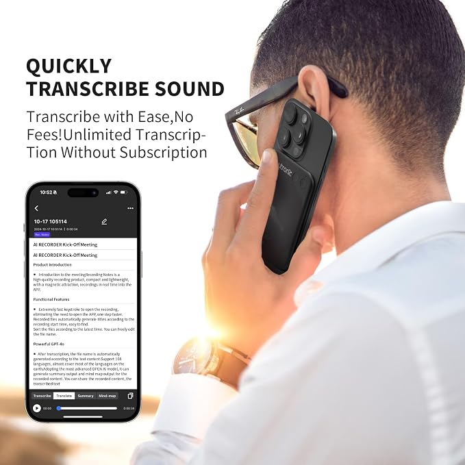 AI Digital Voice Recorder&Translator - Transcribe & Summarize & Note AI Noise Cancellation Technology, Supports 108 Languages,APP Control Audio RecorderTranscribeSummarize (Gray)