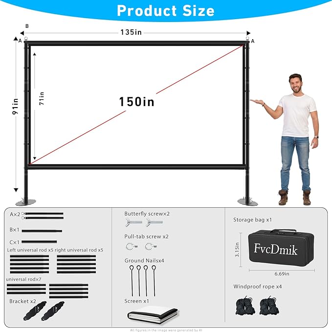 150 inch Projector Screen with Stand, 16:9 4K HD Portable Outdoor Movie Screen, Wrinkle-Free Foldable Indoor Projection Screen with Carry Bag & Ground Nails for Backyard Cinema Home Theater