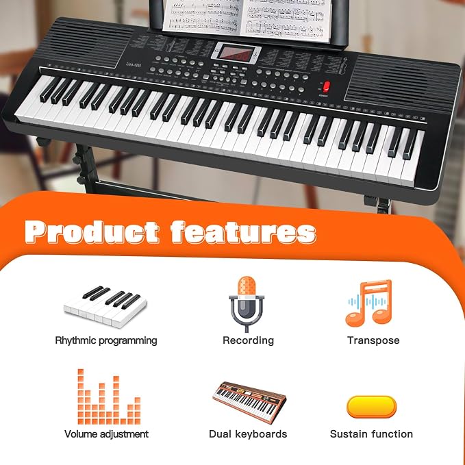 AQNIEGEP 61 Key Electric Keyboard Piano for Beginners w/Light-Up Keys, Gifts, Full Set: Stand, Bench, Headphones, Padded Bag, Note Stickers, 70 Demos, 200 Rhythms/Tones, LED Display