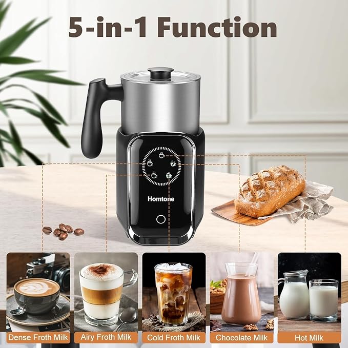 Homtone Upgraded 5-in-1 Electric Milk Frother,Large 21 oz Capacity Induction Milk Steamer,Removable Stainless Steel Automatic Milk Foamer for Latte, Hot Chocolate, Hot & Cold Foam