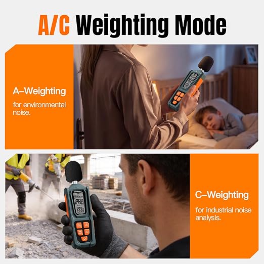 Decibel Meter, Goldeep SL750A Digital Sound Level Meter 30-130dB, A/C Weighted DB Meter with dB/SONE, Fast/Slow, MAX/MIN, LCD Sound Meter for Home, Office, Factory, Neighbor Noise - Vitality Orange
