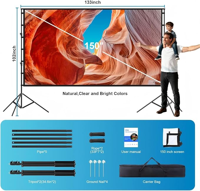 Outdoor Projector Screen with Stand - 150 Inch Portable Projector Screen Outdoor Indoor Projection Screen 16:9 4K HD Movie Screens with Carry Bag Can Enjoy Home Theater Projection Screens