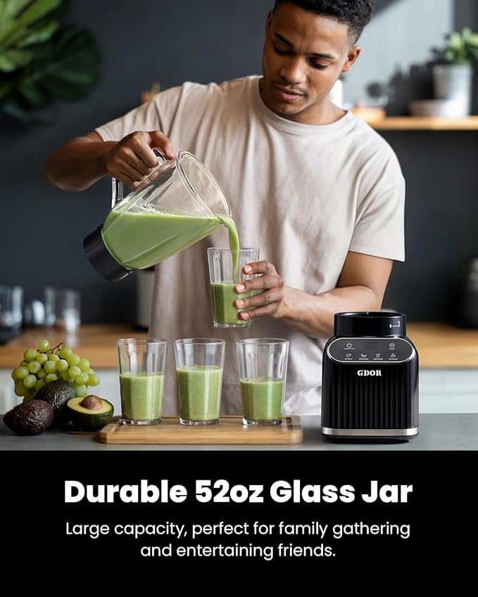GDOR 1200W Professional Blender with 5 Smart Programs | High Speed Countertop Blender for Smoothies and Shakes, 52 Oz Glass Jar & 24 Oz To-Go Cup Combo, 6-Leaf Ice Crushing Blade, Self Cleaning, Black