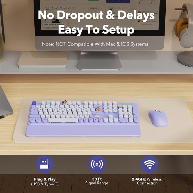 Wireless Keyboard and Mouse Combo, Full-Size Retro Typewriter Keyboard with Round Keycaps, Detachable Magnetic Wrist Rest, Tilt Legs, 2.4GHz Cordless for Mac, Windows PC, Laptop, SABLUTE CK23, Purple
