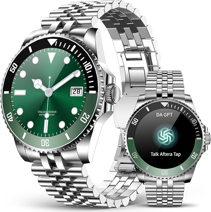 SOUYIE GPT AI Smart Watch for Men, Bluetooth Call Heart Rate Blood Pressure Blood Oxygen Sleep Monitor, 107 Sports Modes 1.19" AMOLED Display Waterproof Fitness Tracker Android iOS, 44mm Silver Green