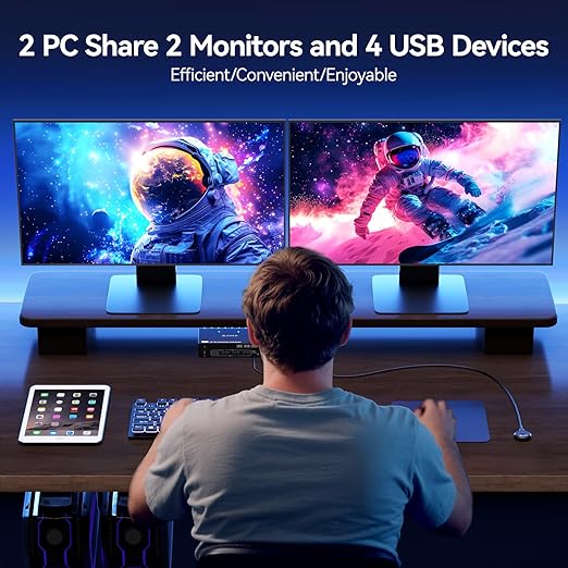 KVM Switch 2 Monitors 2 Computers Displayport HDMI 4K@144Hz, USB3.0 Dual Monitor KVM Switch for 2 Computers Share 2 Monitors and 4 USB Peripherals,Wired Remote 12V Adapter and 2 USB Cable