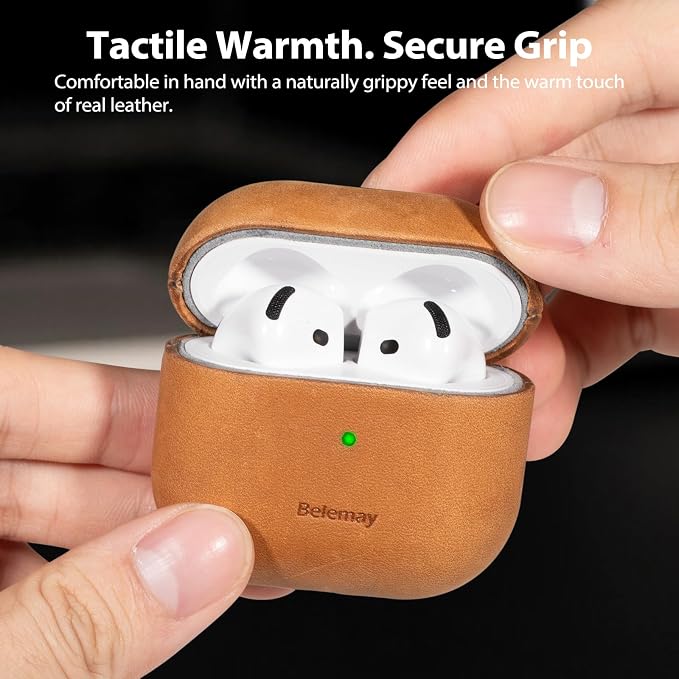 Belemay Handcrafted Crazy Horse Leather Case for AirPods 4 (2024), Vintage Aesthetic, Two-Tone Effect, Unique Patina, Compatible with MagSafe, Compatible with Airpods 4th Gen, Sunset Tan