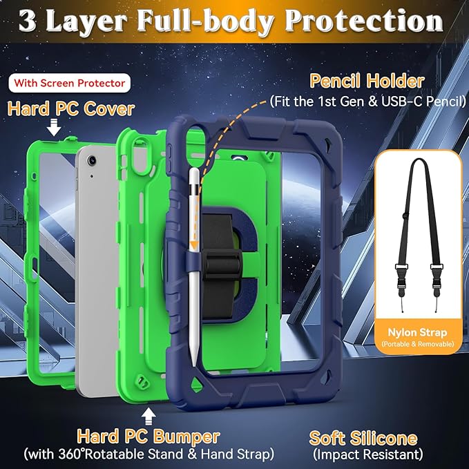 Grifobes for iPad A16 11th/10th Generation Case 2025/2022, for 11 Inch/10.9 Inch iPad Case Cover with Screen Protector, 360°Rotate Stand, Hand & Shoulder Strap, Pencil Holder, Blue Green