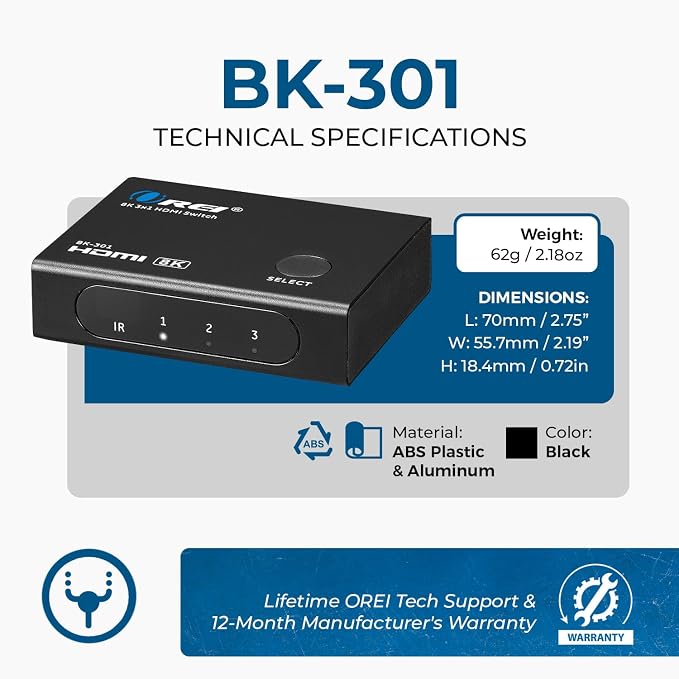 OREI 8K 3-Port HDMI 2.1 Switch, 3-in 1-Out, 8K@60Hz, CEC, HDR, IR Remote