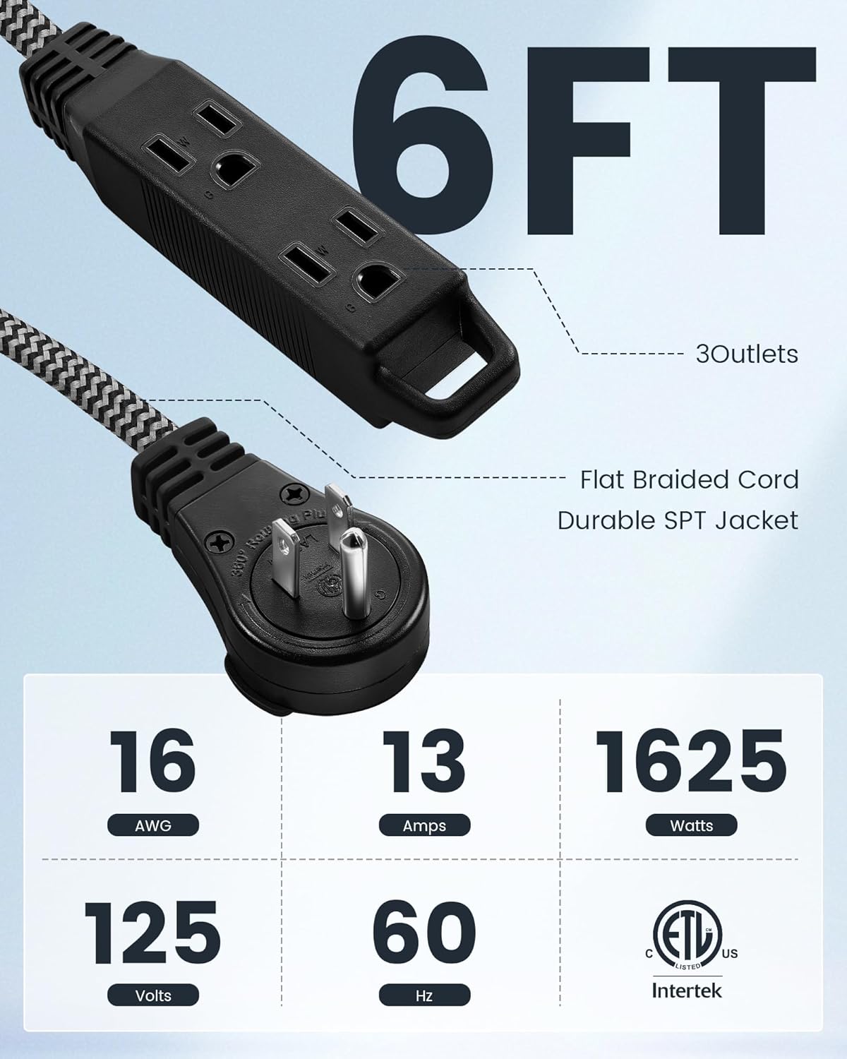 SURAIELEC 6FT Flat Extension Cord with 360° Rotating Plug, Braided Flat Plug with 3 Outlets, 16 AWG Thin Black Extension Cord for Indoor Use, Home, Office, Compact Spaces, ETL Listed