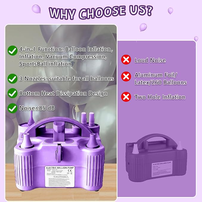 4-in-1 Electric Balloon Pump for All Balloons, Inflatables, and Sports Balls, Portable High Power Triple Inflating Ports for Latex Foil 260q Mylar Balloon